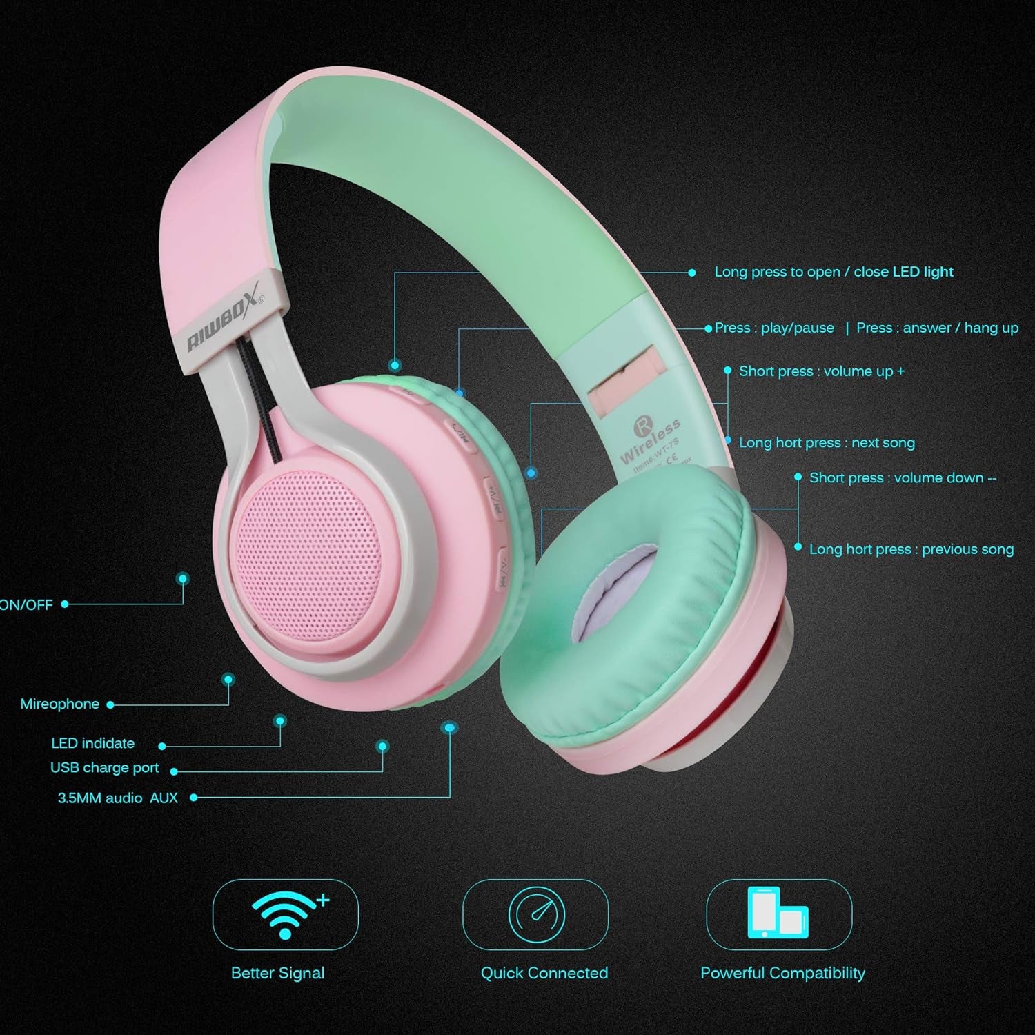 WT-7S Bluetooth Headphones Light Up, Foldable Stero Wireless Headset with Microphone and Volume Control for Pc/Cell Phones/Tv/Ipad (Pink Green)