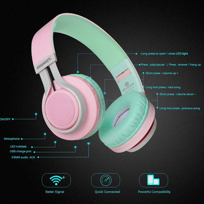 WT-7S Bluetooth Headphones Light Up, Foldable Stero Wireless Headset with Microphone and Volume Control for Pc/Cell Phones/Tv/Ipad (Pink Green)