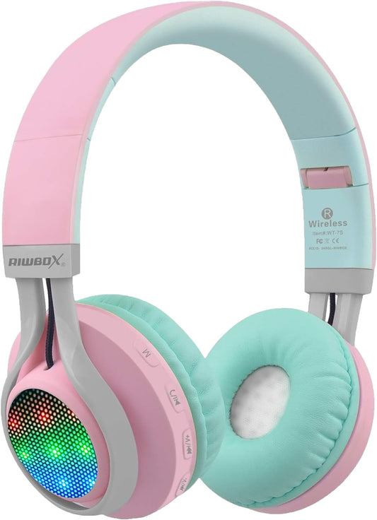 WT-7S Bluetooth Headphones Light Up, Foldable Stero Wireless Headset with Microphone and Volume Control for Pc/Cell Phones/Tv/Ipad (Pink Green)